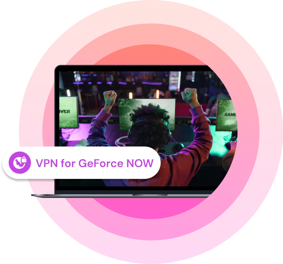 Person celebrating a gaming victory in front of a laptop, with a label reading 'VPN for GeForce NOW' highlighting VPN support for cloud gaming.